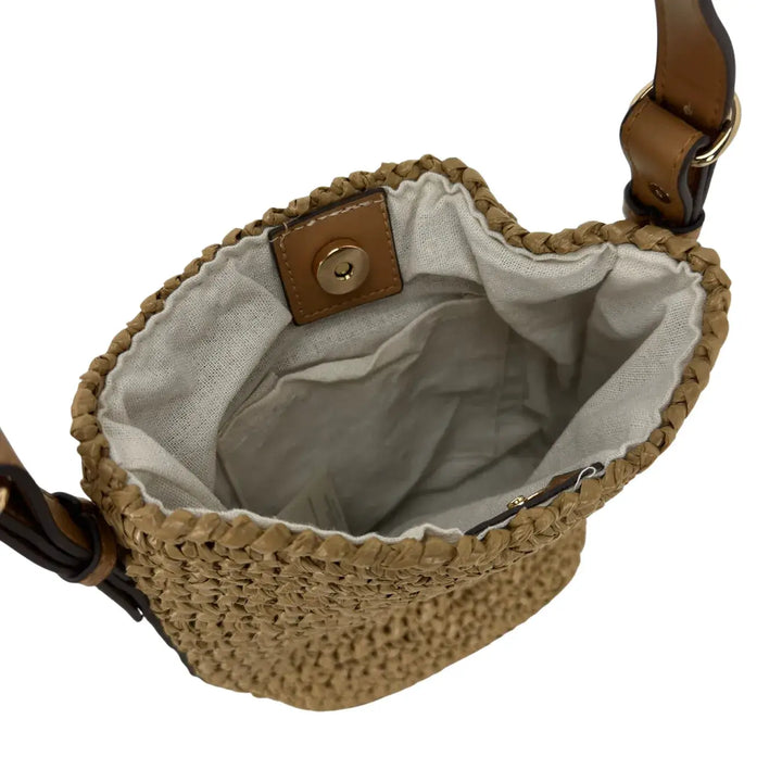 Bassini Borsa Donna Secchiello in Rafia Taupe con Tracolla Ecopelle e Tracolla Rimovibile