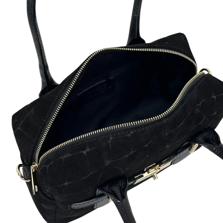Bassini Borsa Donna a Bauletto in Pelle Scamosciata Nera Stampa Cocco con Manici e Tracolla Rimovibile