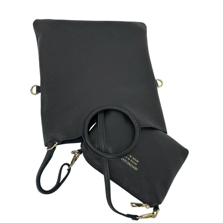 Bassini Borsa Donna in Pelle Nero Sfoderata con Maniglia ad Anello e Pochette Interna
