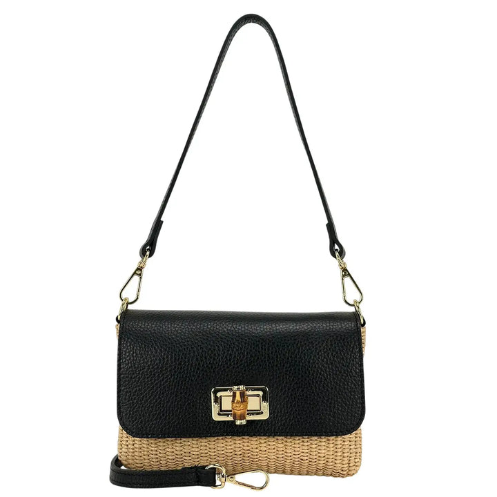 Bassini Borsa Donna Piccola in Raffia e Pelle Nera con Tracolla Rimovibile e Girello Bambù