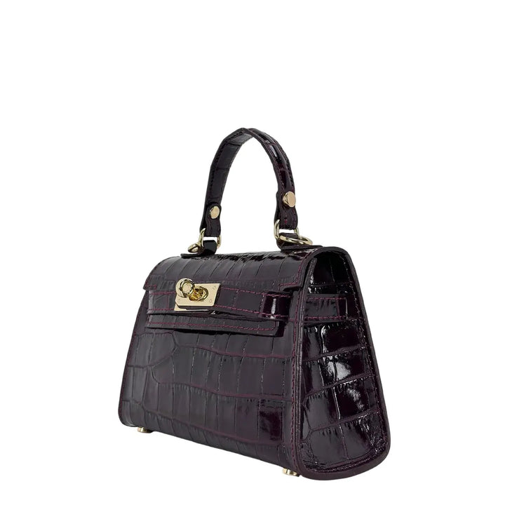 Bassini Borsa Donna Piccola in Pelle Bordeaux Stampa Cocco con Maniglia Centrale e Tracolla Rimovibile