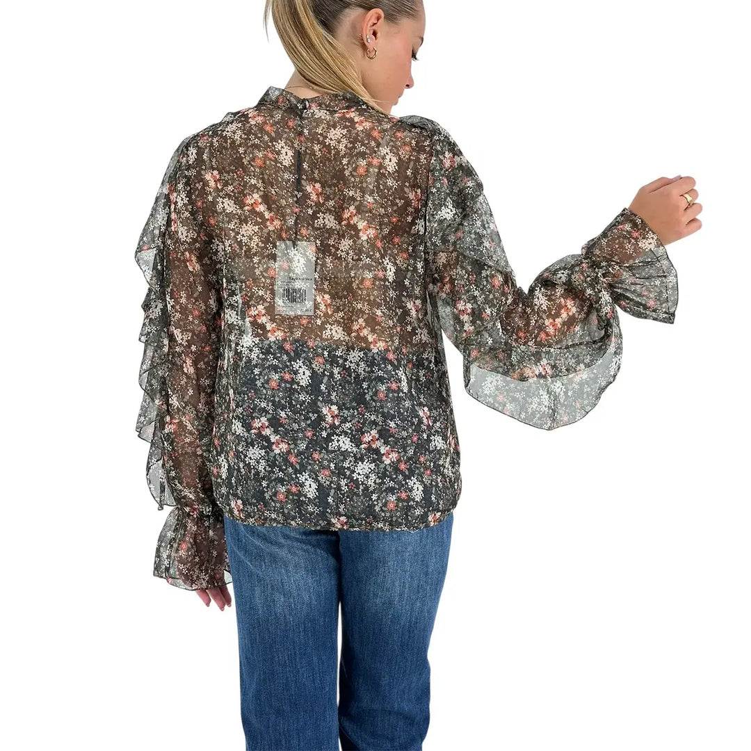 Bassini Camicia Donna Verde con Stampa Floreale, Scollo a V e Rouches su Maniche e Spalle