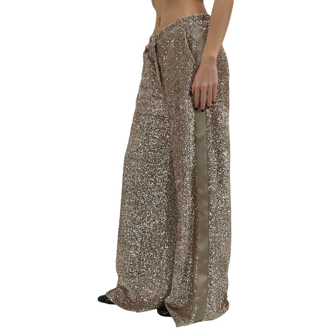 Motel Pantaloni Donna, Full Paillettes e Lurex, Fondo Largo, Beige