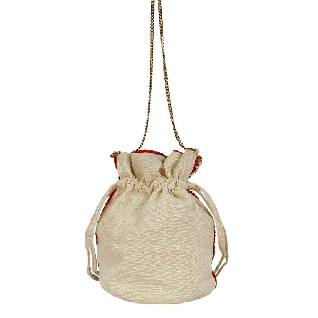 Bassini Borsa Donna Mini Secchiello in Cordura con Perline Corallo e Tracolla a Catena Oro