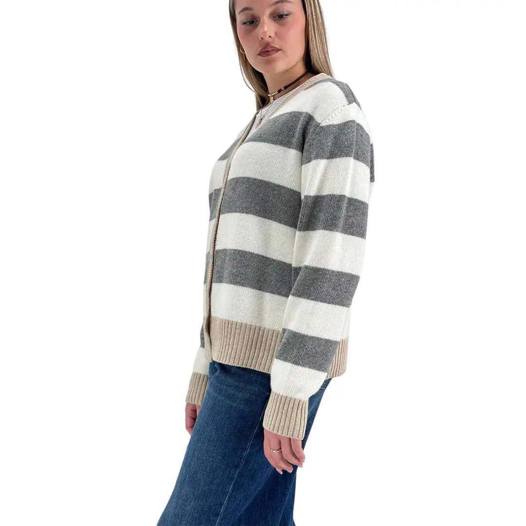 Bassini Cardigan Donna Grigio Latte e Cipria a Righe con Cinque Bottoni e Coste Beige