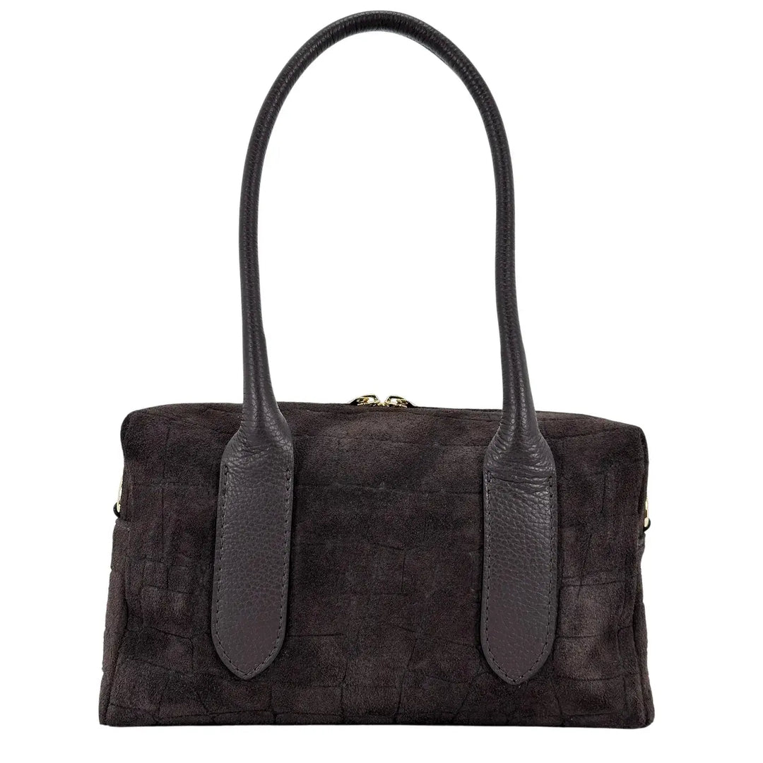 Bassini Borsa Donna a Bauletto in Pelle Scamosciata Cioccolato Stampa Cocco con Manici e Tracolla Rimovibile