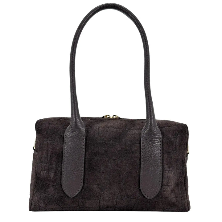 Bassini Borsa Donna a Bauletto in Pelle Scamosciata Cioccolato Stampa Cocco con Manici e Tracolla Rimovibile