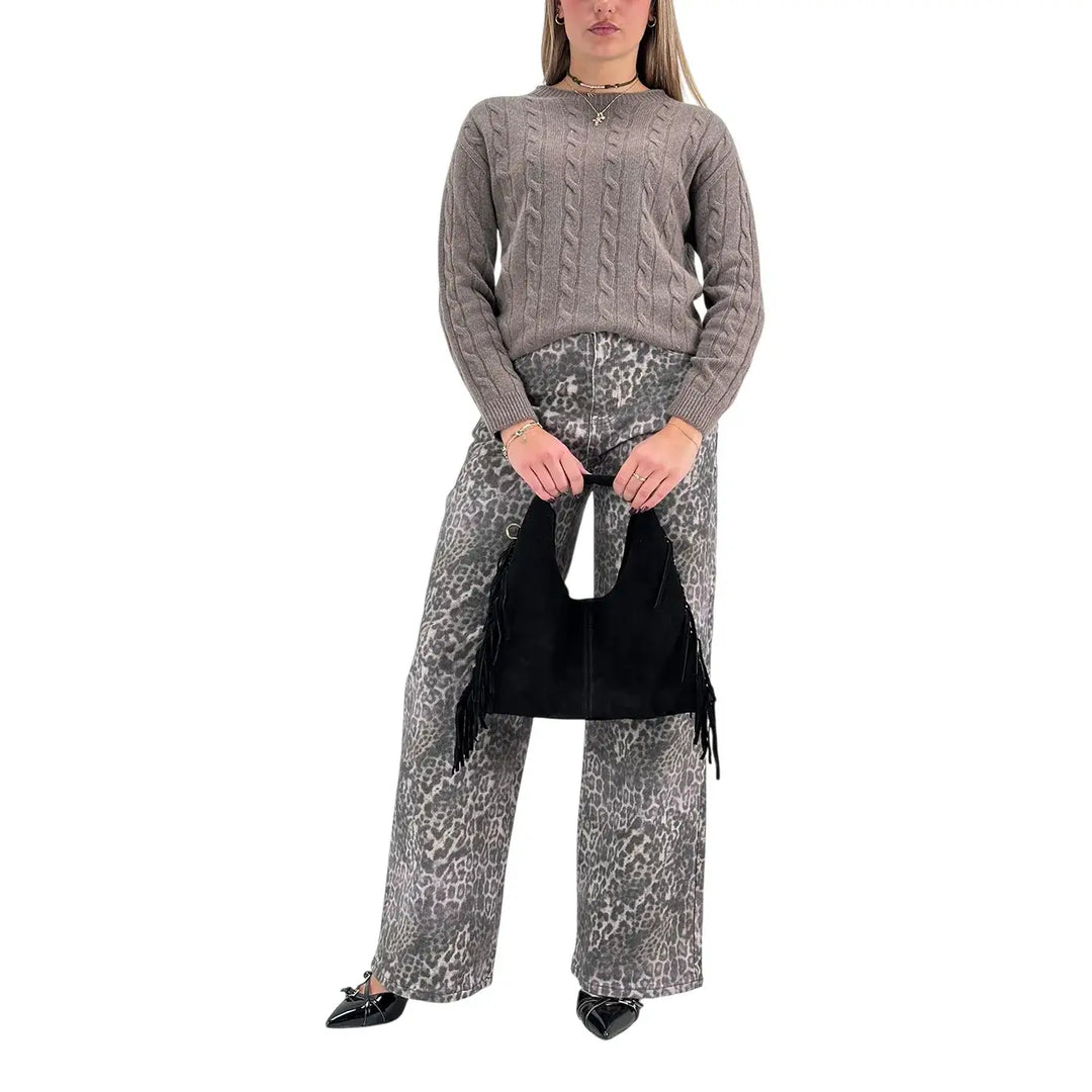 Bassini Maglia Donna Marrone Naturale a Treccia Girocollo con Maniche Raglan Oversize