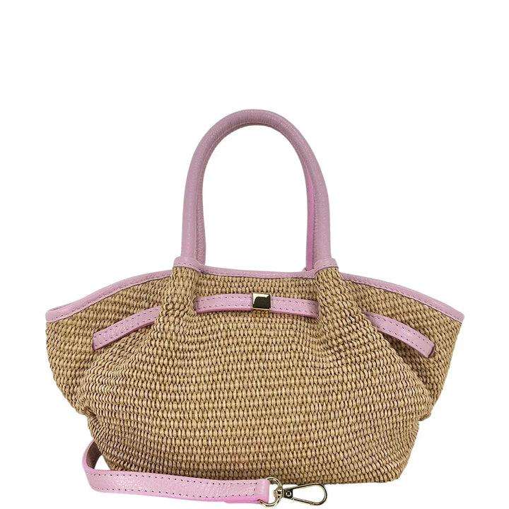 Bassini Borsa Donna in Raffia e Pelle Rosa con Due Manici e Tracolla Rimovibile