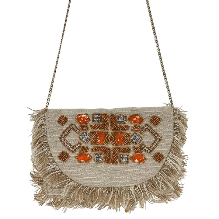 Bassini Borsa Donna Pochette in Cordura Beige con Perline Arancio sulla Patta e Tracolla Catena Oro