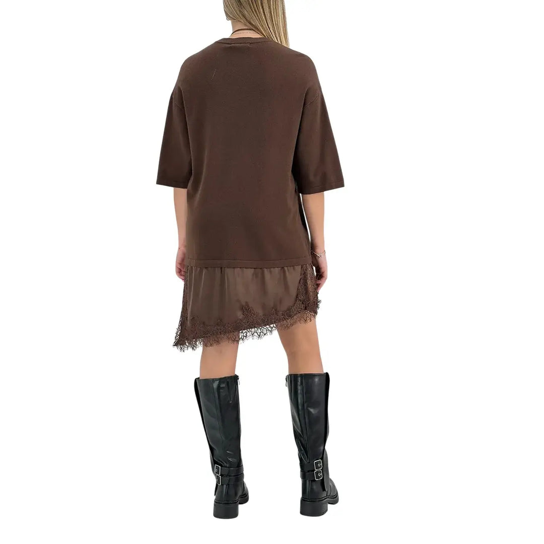 Bassini Abito Donna Cioccolato in Maglia con Balza in Raso e Pizzo e Spacchi Laterali