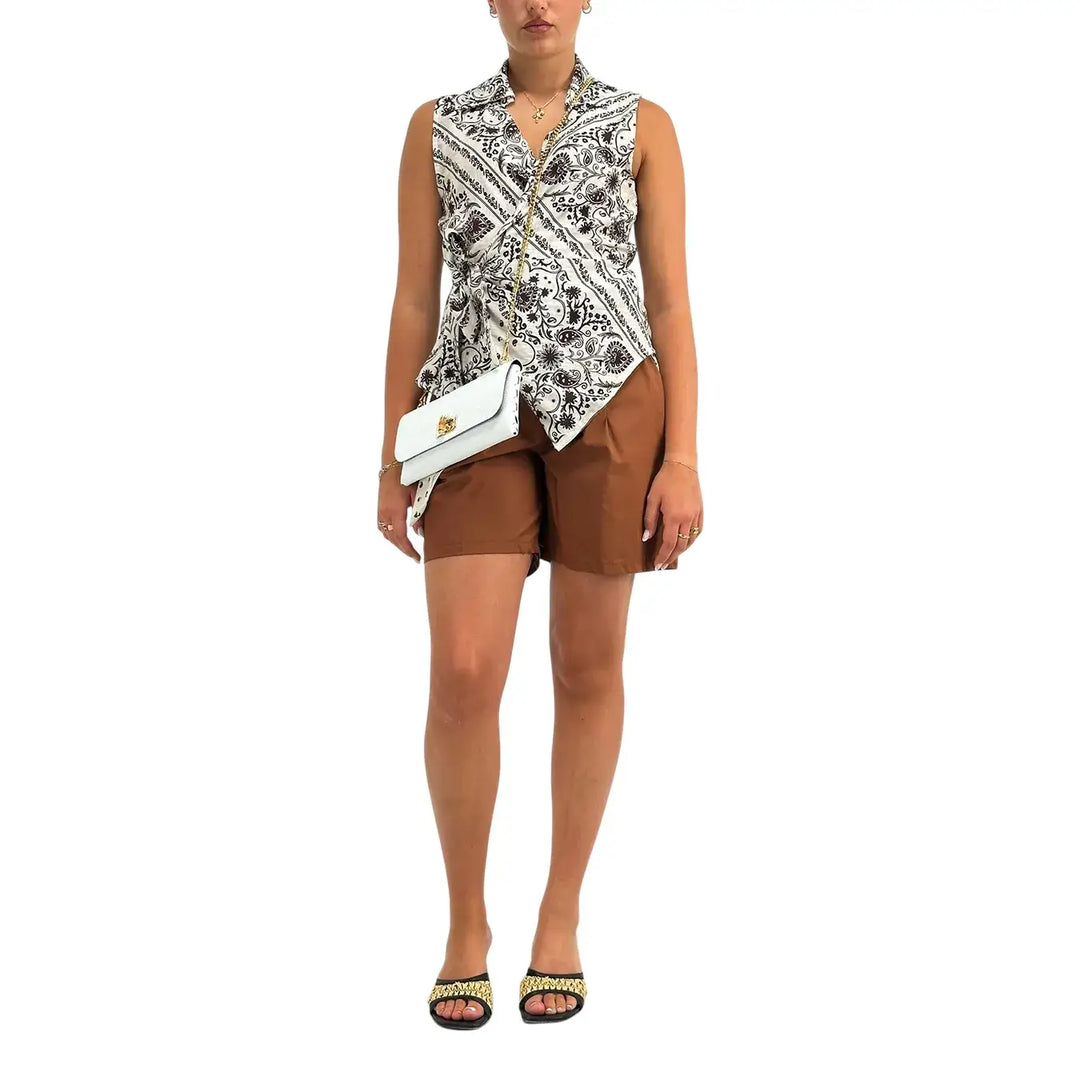 Bassini Camicia Donna Burro Smanicata con Nodo Frontale e Stampa Bandana Marrone