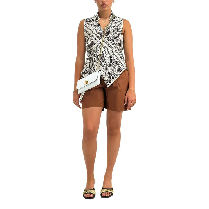 Bassini Camicia Donna Burro Smanicata con Nodo Frontale e Stampa Bandana Marrone