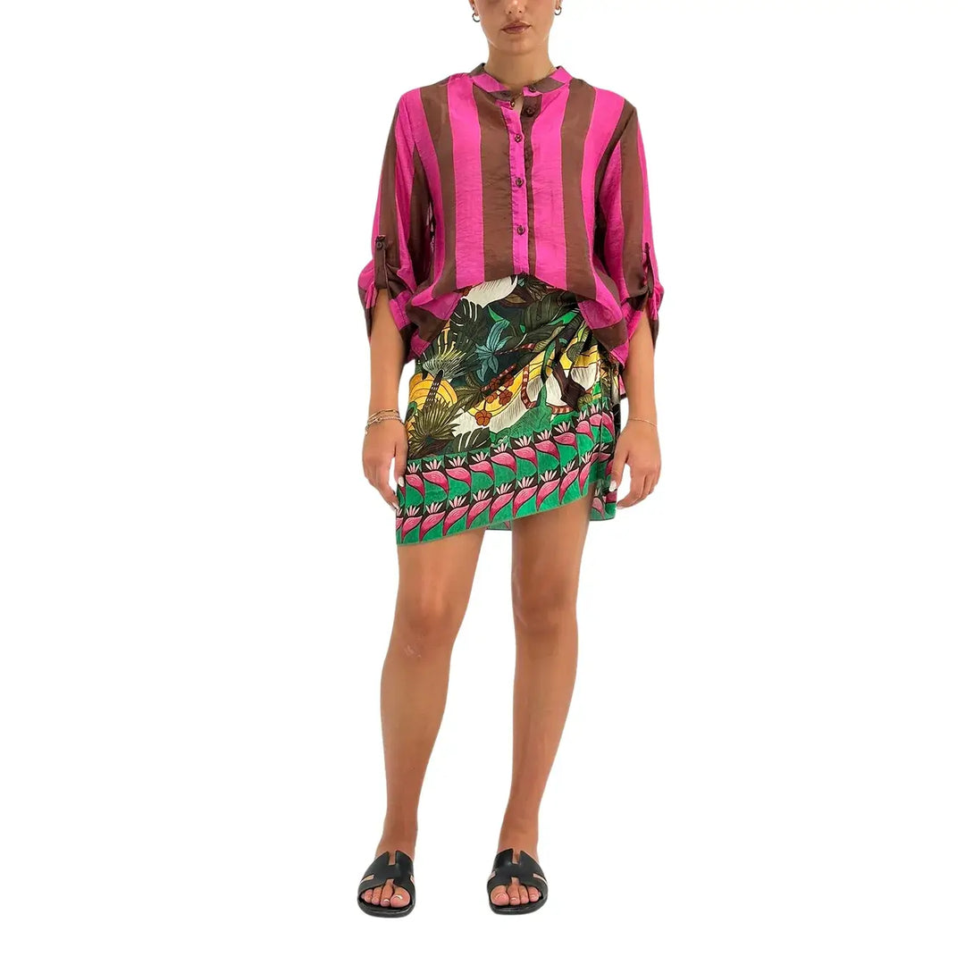 Bassini Women's Brown and Fuchsia Wide Striped Shirt with Mandarin Collar and Three-Quarter Sleeves