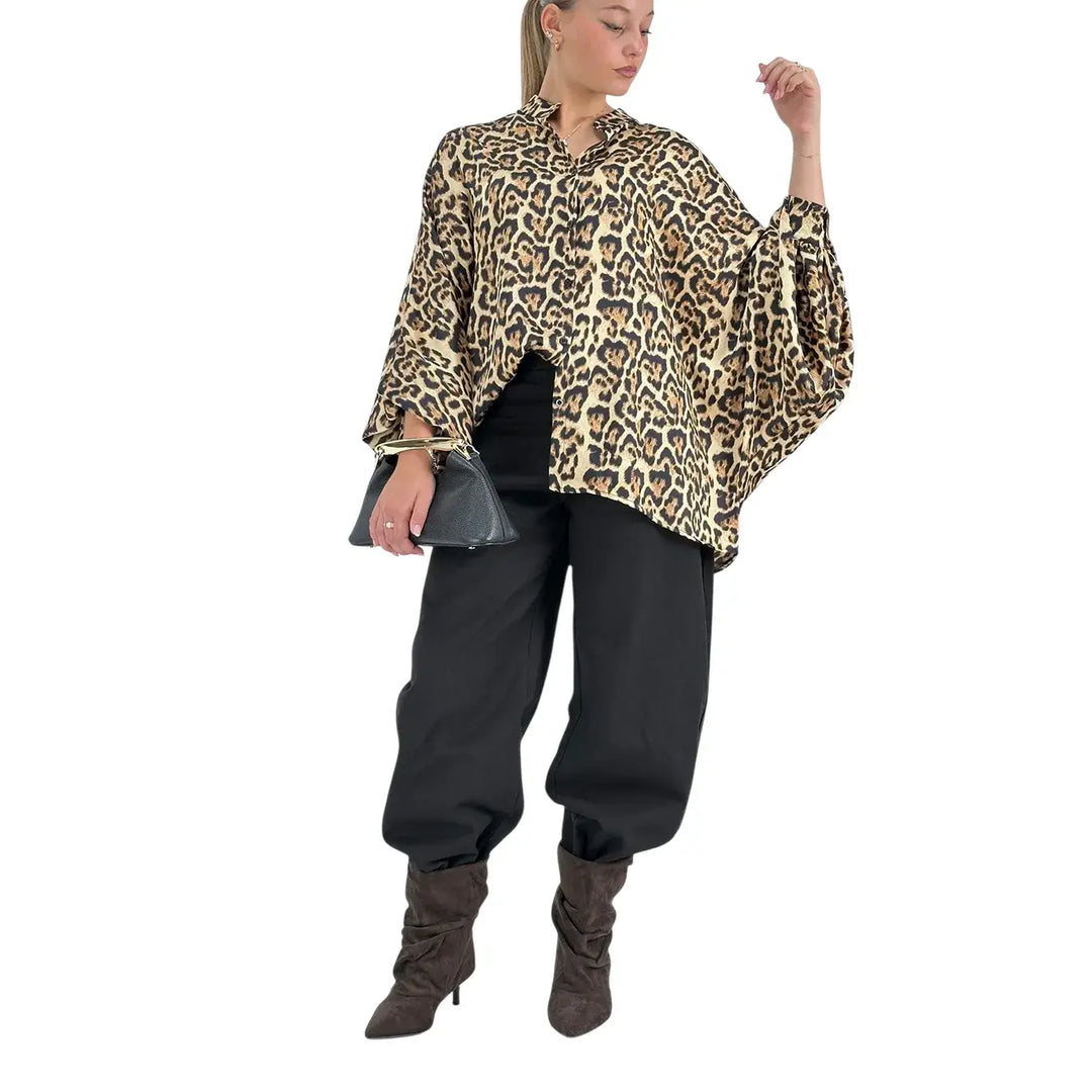 Bassini Pantaloni Donna Banana Nero in Bull di Cotone Oversize a Cinque Tasche