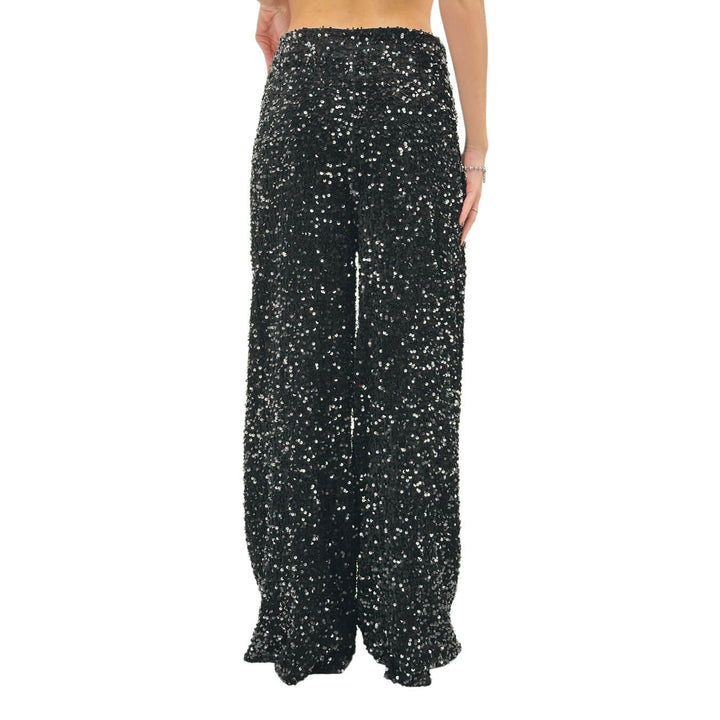 Motel Pantaloni Donna, Full Paillettes e Lurex, Svasato, Nero