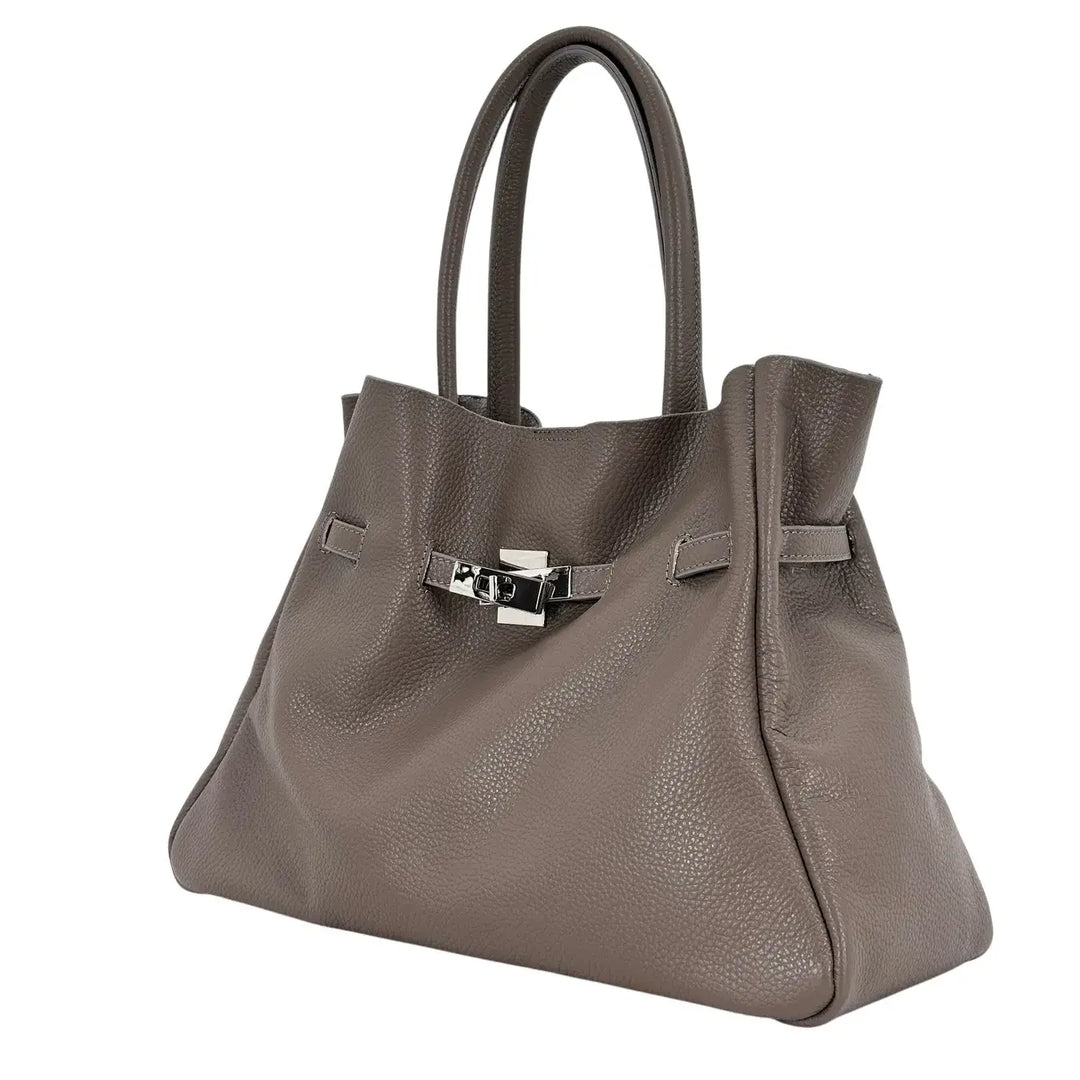 Bassini Borsa Donna in Pelle Taupe con Due Manici, Tracolla Rimovibile e Chiusura Magnetica