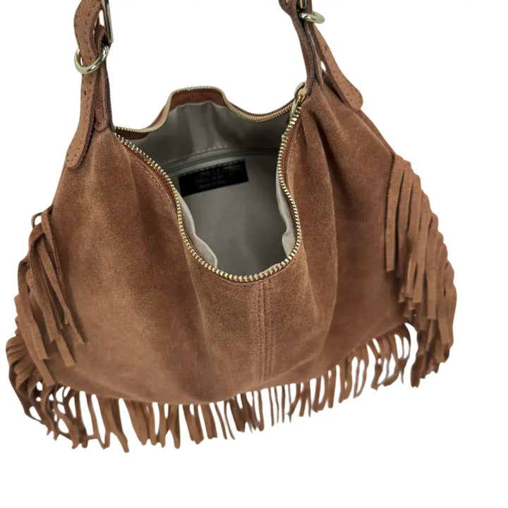 Bassini Borsa Donna in Pelle Scamosciata con Frange Laterali e Tracolla Intercambiabile Cognac