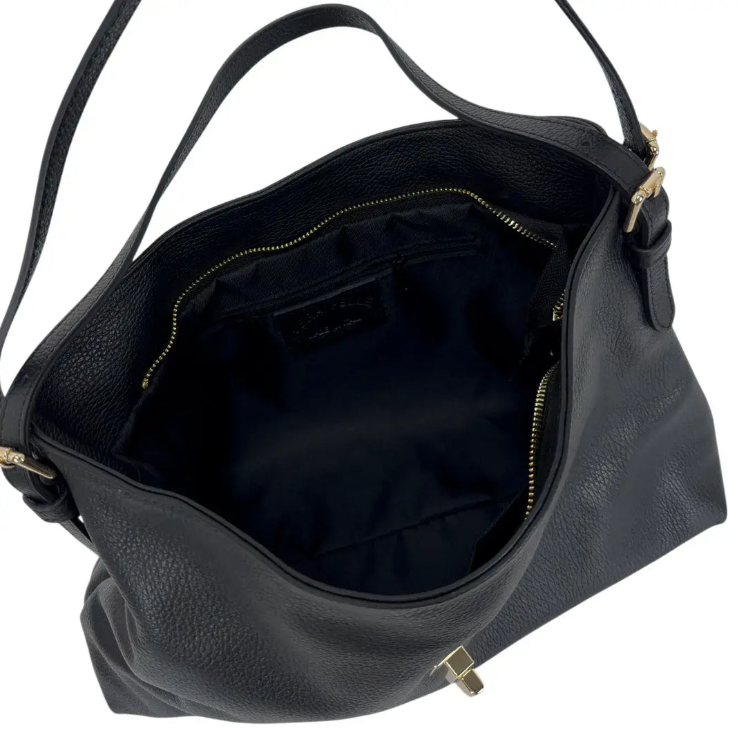 Bassini Borsa Donna in Pelle Nero con Doppio Manico a Spalla e Tracolla Intercambiabile
