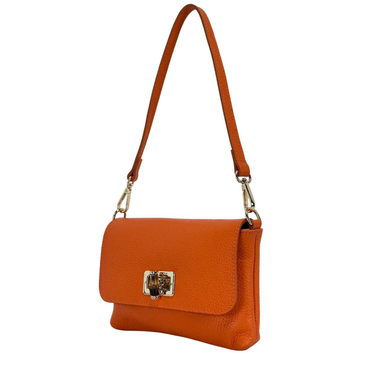 Bassini Borsa Donna Mini in Pelle Arancio con Pattina Girello Bambù e Tracolle Rimovibili