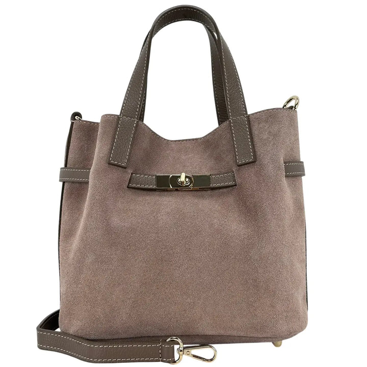 Bassini Borsa Donna Secchiello in Pelle Scamosciata Taupe con Doppi Manici e Tracolla Rimovibile