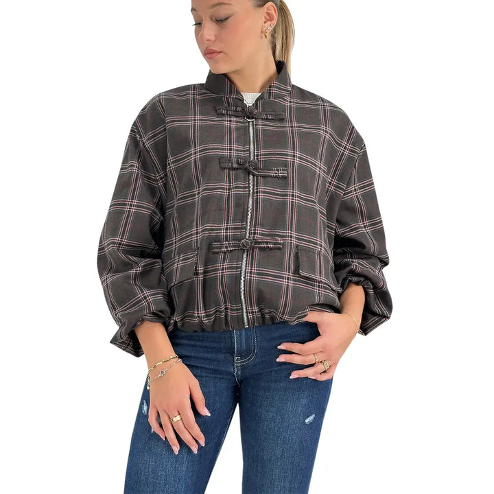 Bassini Bomber Donna Fumo Check con Zip in Metallo, Alamari e Polsini Elasticizzati