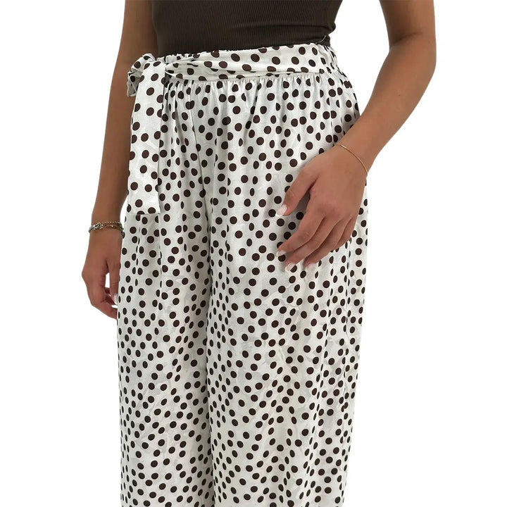 Bassini Pantaloni Donna Avorio con Pois Marroni, Cintura a Fiocco e Tessuto Fluido