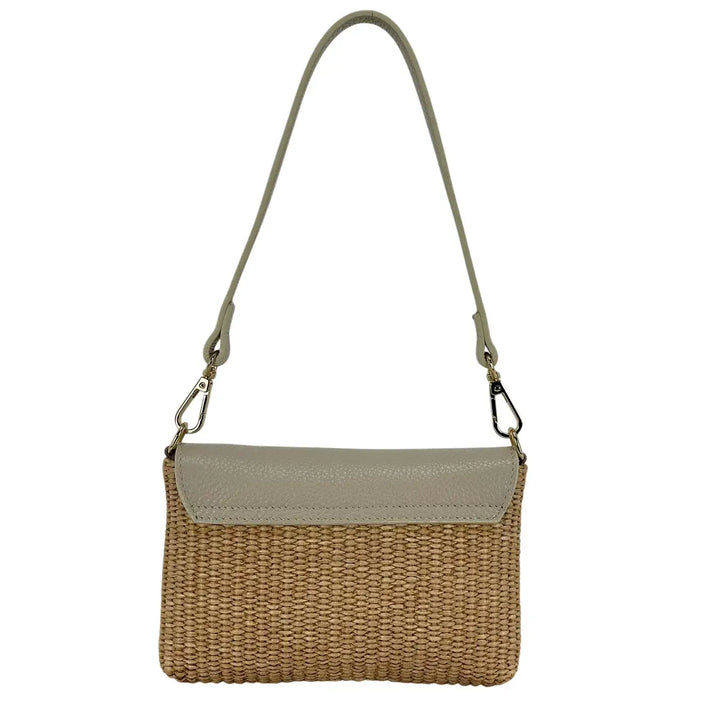Bassini Borsa Donna in Raffia e Pelle Avorio Piccola con Tracolla Rimovibile e Girello Bambù