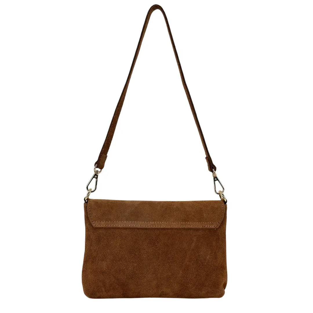Bassini Borsa Donna in Pelle Scamosciata Cognac con Pattina Girello in Bambù e Tracolla Rimovibile