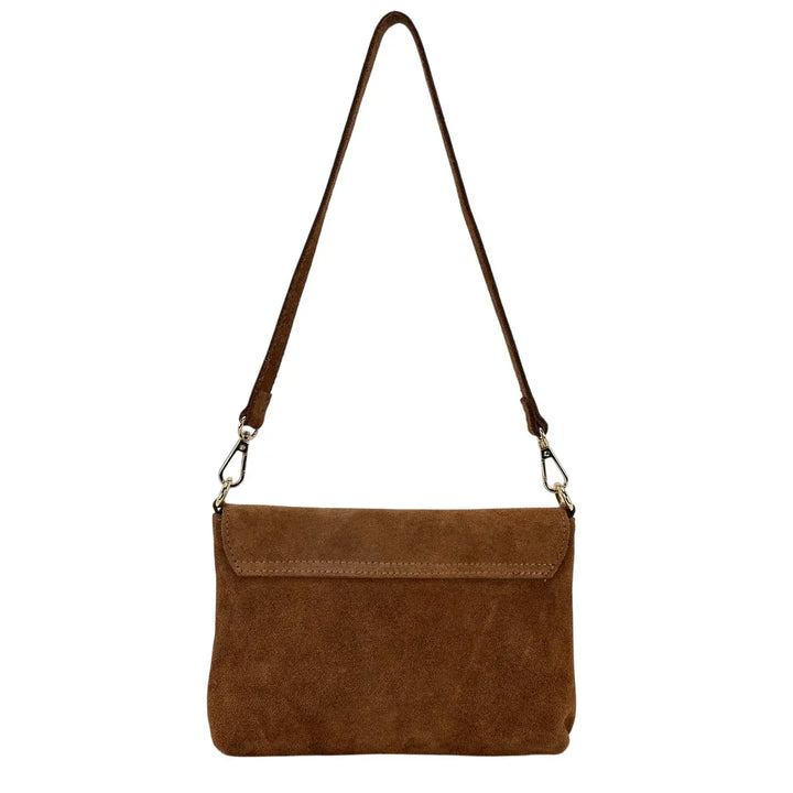 Bassini Borsa Donna in Pelle Scamosciata Cognac con Pattina Girello in Bambù e Tracolla Rimovibile