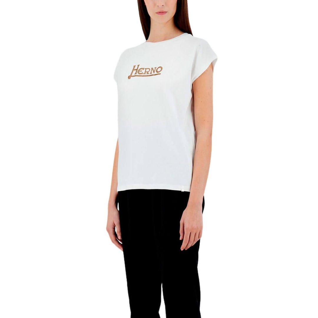 Herno T-Shirt In Interlock Jersey Donna, Girocollo, Logo Strass, Bianco - BassiniBoutique.it