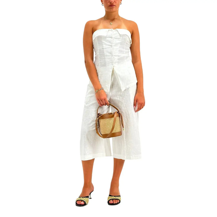 Bassini Bermuda Donna Bianco in Lino e Cotone con Elastico e Coulisse in Vita