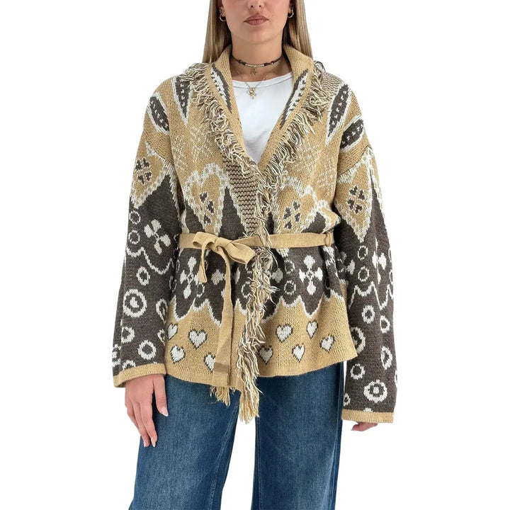 Bassini Maglia Donna Beige e Moro Aperta con Cintura in Maglia, Bordi Sfrangiati e Ricamo Cuori