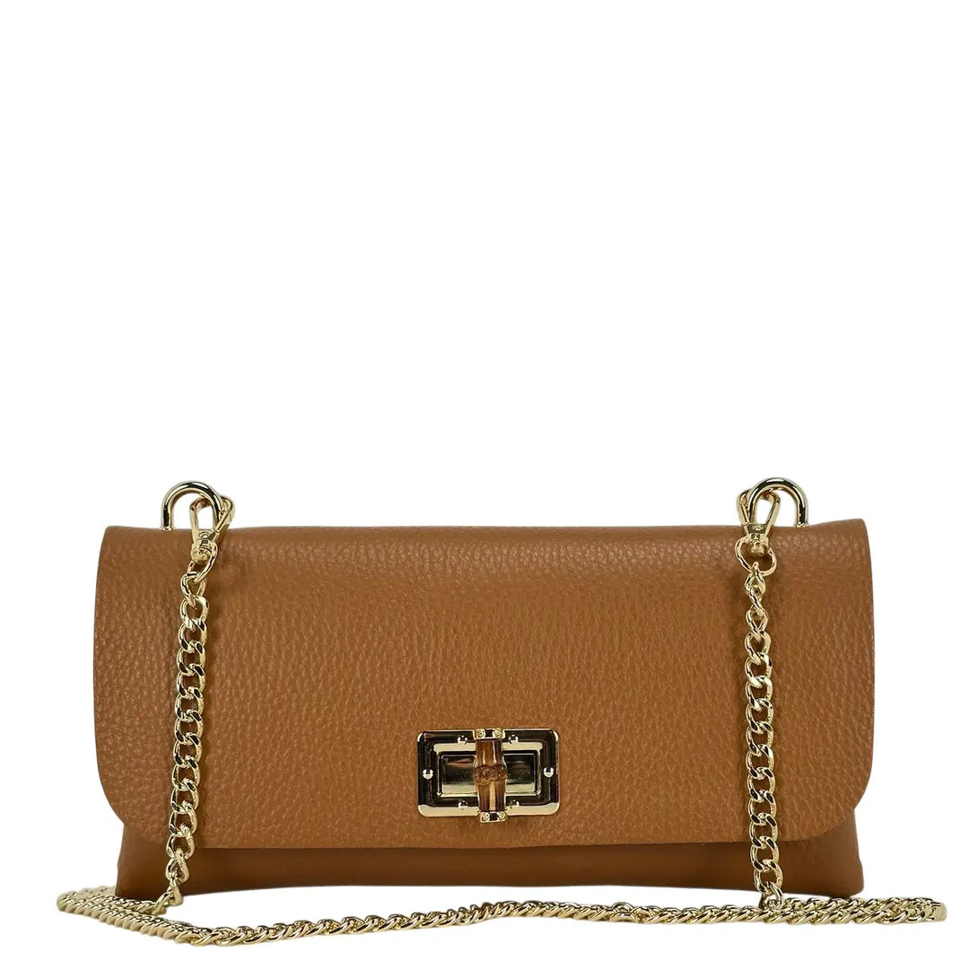 Bassini Borsa Donna Piccola in Pelle Cuoio con Tracolla Oro e Chiusura Girello Bambù