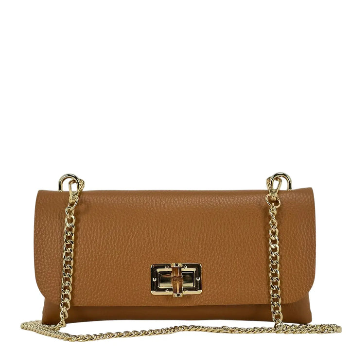 Bassini Borsa Donna Piccola in Pelle Cuoio con Tracolla Oro e Chiusura Girello Bambù