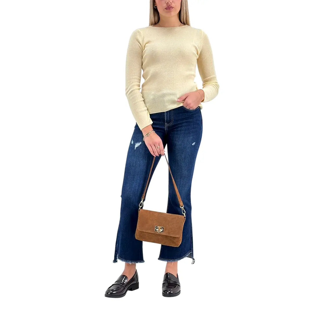 Bassini Maglia Donna Ecrù a Micro Costine con Girocollo e Maniche Lunghe