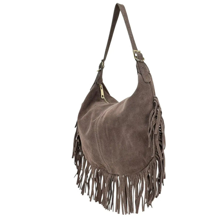 Bassini Borsa Donna in Pelle Scamosciata con Frange Laterali e Tracolla Intercambiabile Taupe