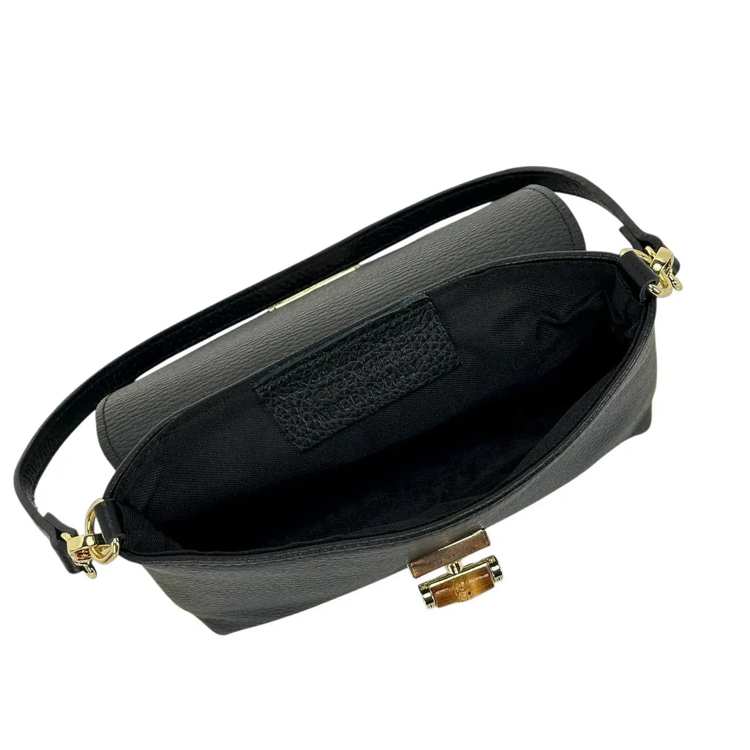 Bassini Borsa Donna Mini in Pelle Nera con Pattina Chiusura Girello Bambù e Tracolla Rimovibile