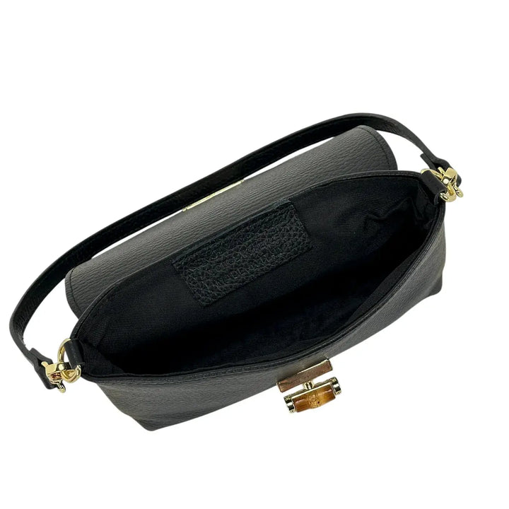 Bassini Borsa Donna Mini in Pelle Nera con Pattina Chiusura Girello Bambù e Tracolla Rimovibile