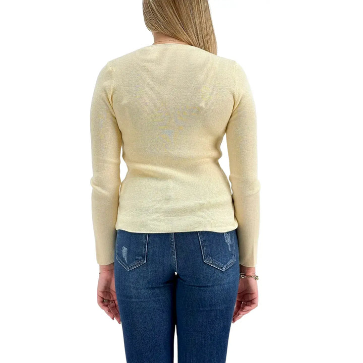 Bassini Maglia Donna Ecrù a Micro Costine con Girocollo e Maniche Lunghe