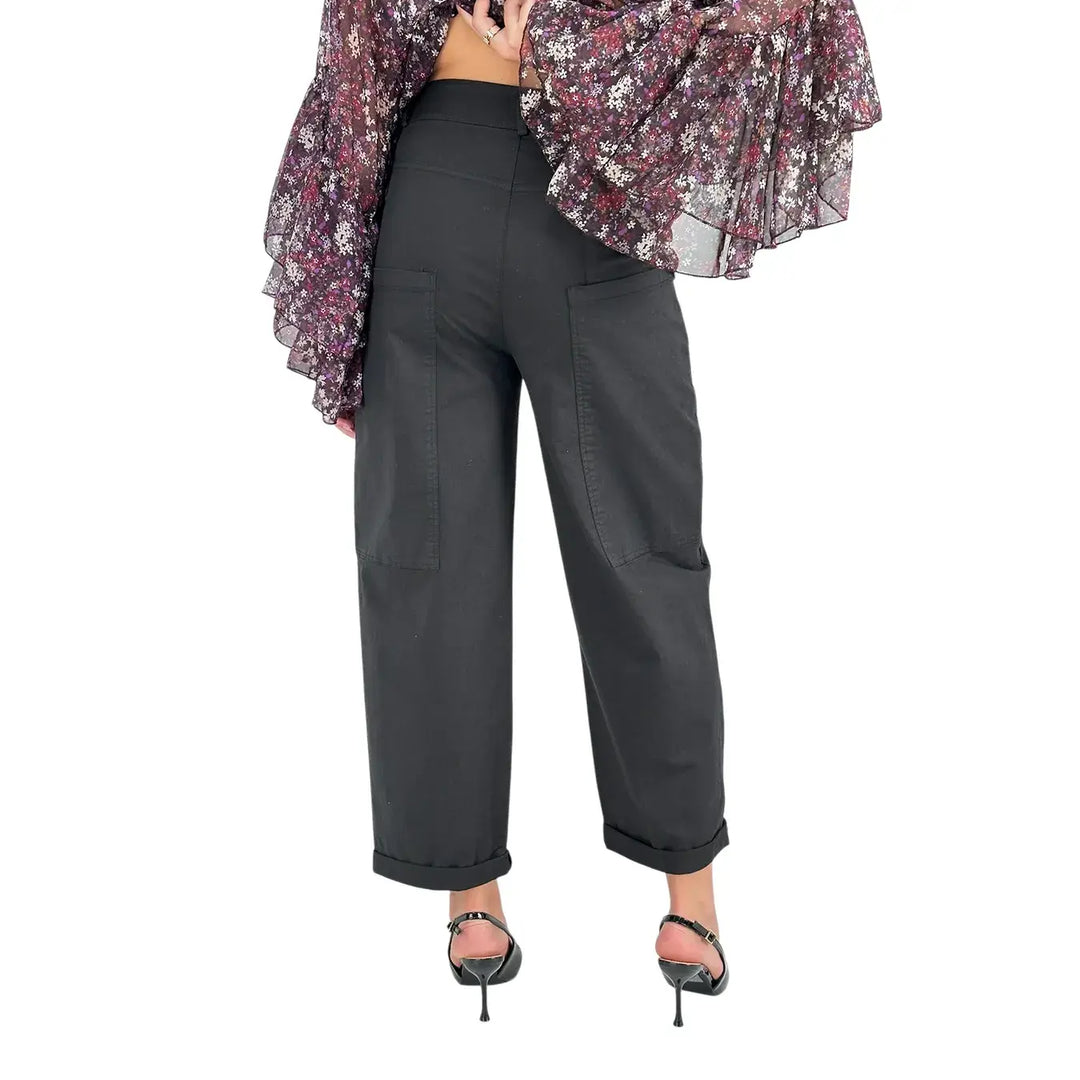 Bassini Pantaloni Donna Palazzo Nero Oversize in Tessuto Elasticizzato con Tasche a Toppa