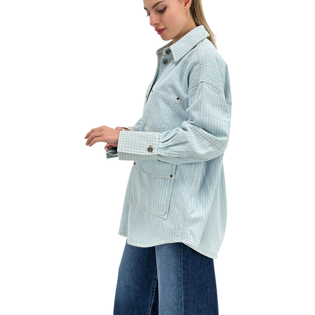 Oof Wear Camicia Donna, Denim Gessato, Cotone, Celeste