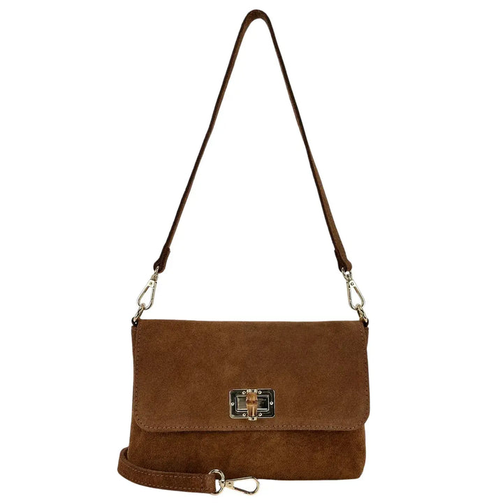 Bassini Borsa Donna in Pelle Scamosciata Cognac con Pattina Girello in Bambù e Tracolla Rimovibile