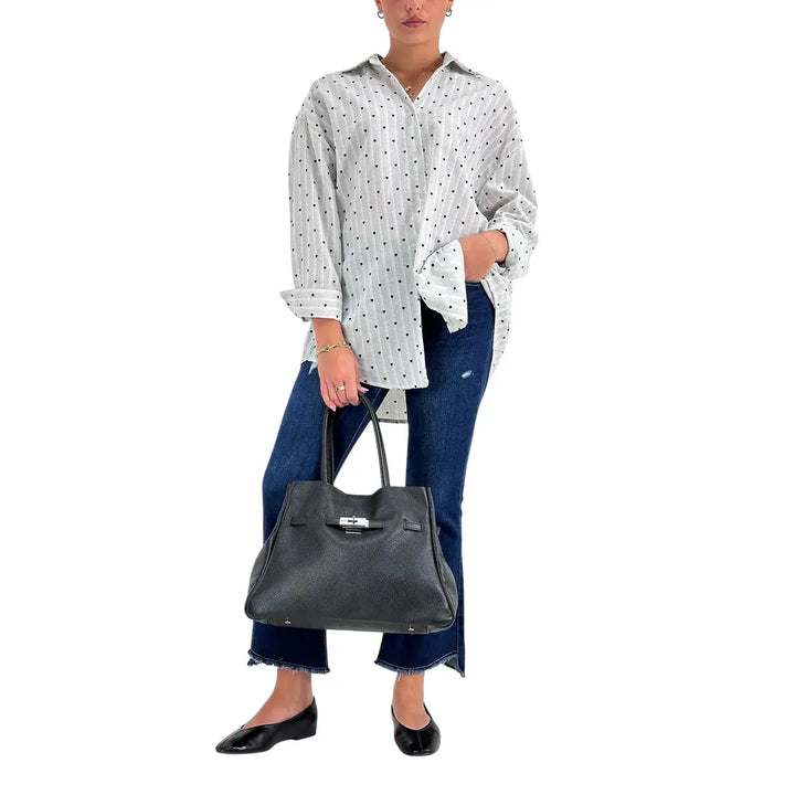 Bassini Camicia Donna Over Celeste a Righe con Micro Ricami a Cuore Blu in 100% Cotone