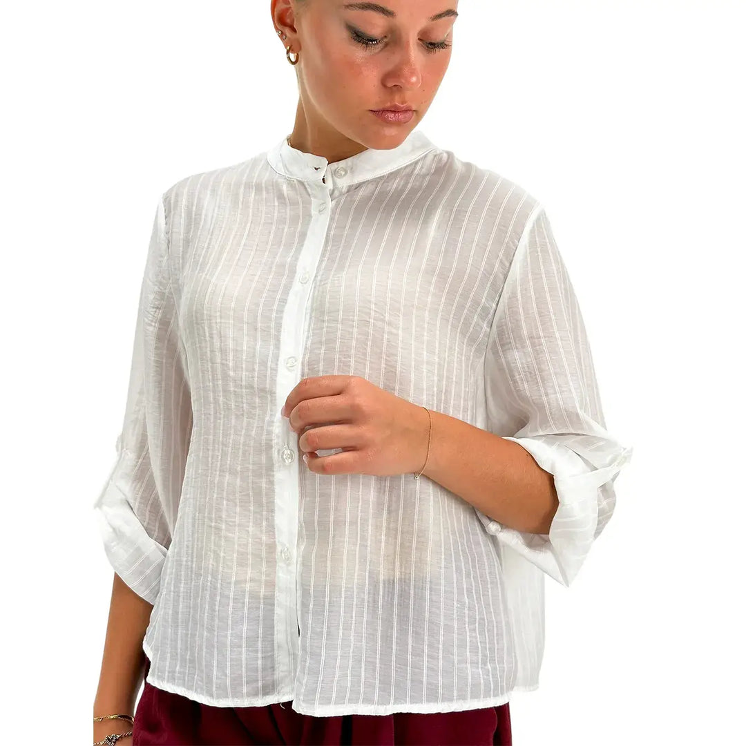 Bassini Camicia Donna Bianca Micro Gessata con Maniche 3/4 Collo alla Coreana e Linguetta Abbottonata