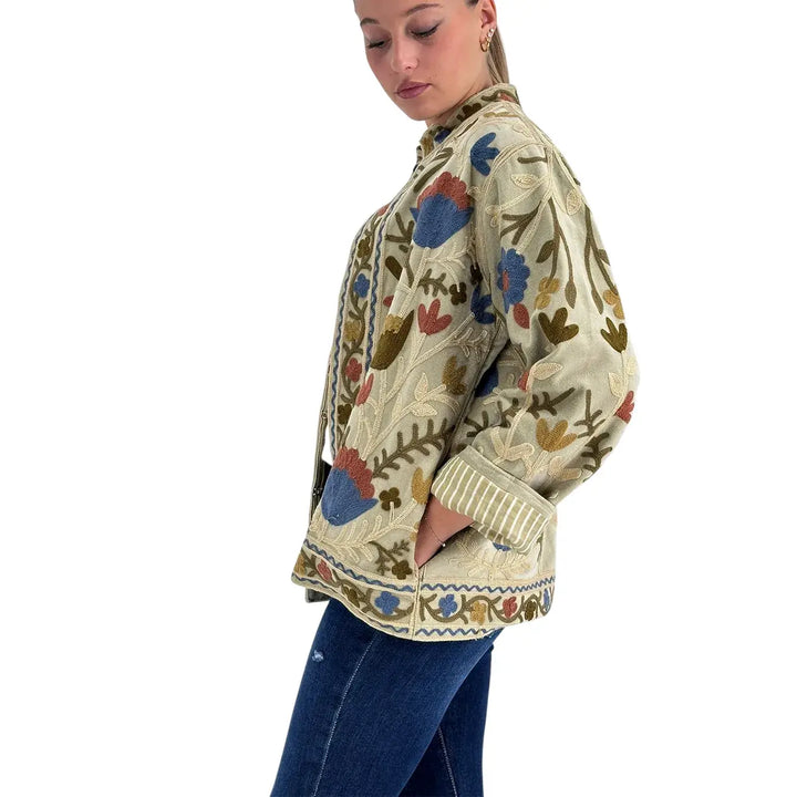 Bassini Giacca Donna Modello Suzani Verde in Velluto con Ricami Floreali Blu