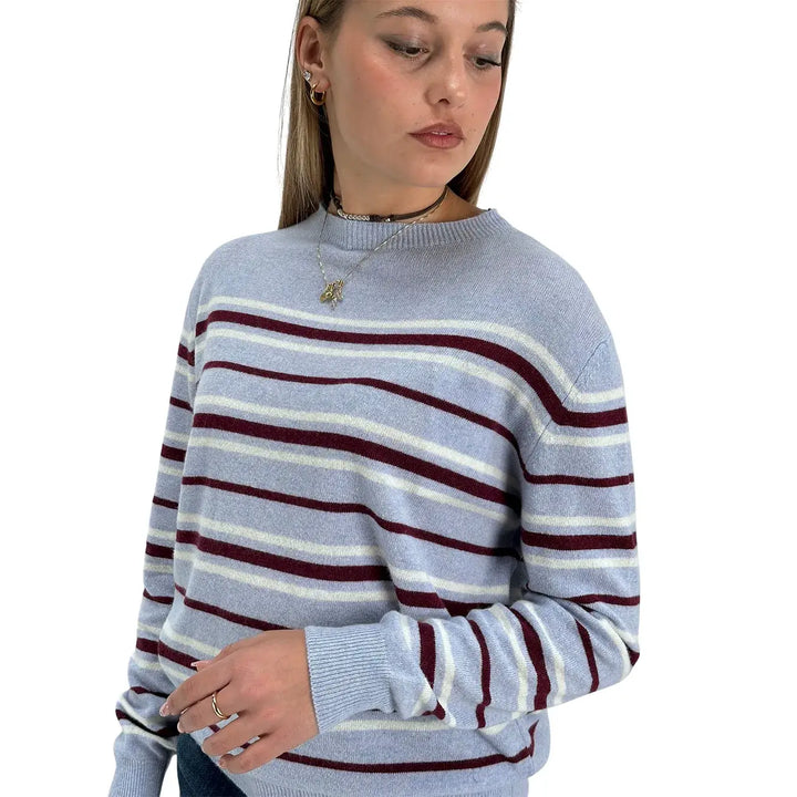 Bassini Maglia Donna Celeste a Righe Borgogna e Bianco Girocollo Oversize