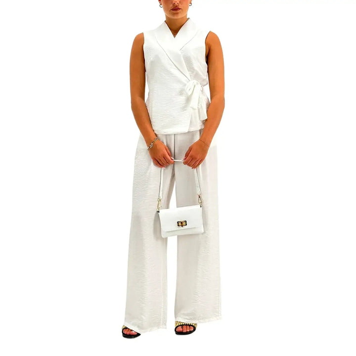 Bassini Coordinato Donna Bianco con Gilet Smanicato, Fiocco Laterale e Pantaloni Palazzo