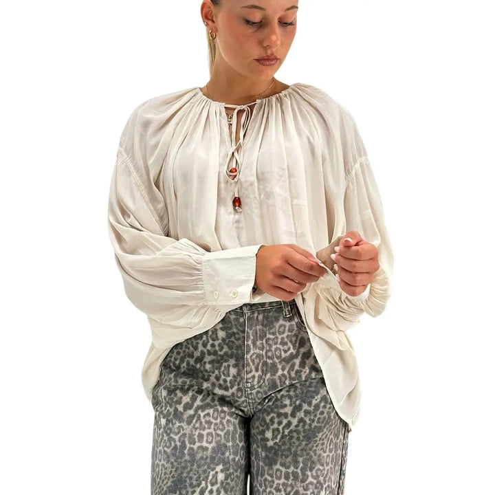 Bassini Blusa Donna Beige con Girocollo Arricciato Coulisse e Pendente