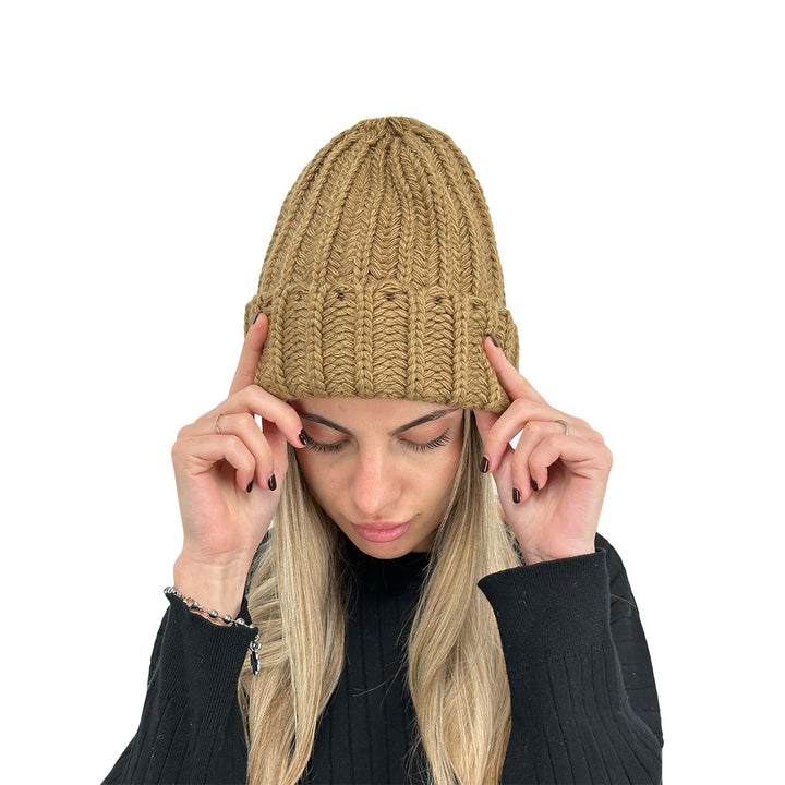 Bassini Cappello Donna, Coste, Risvolto, Tricot, Beige